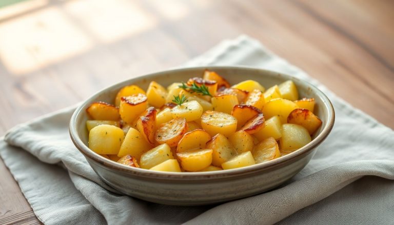 Gratin de pommes de terre sans crème, hyperréaliste, délicatement doré, servi dans un plat en céramique ovale rustique posé sur une nappe en lin beige clair. Quelques brins de thym frais sont parsemés dessus.