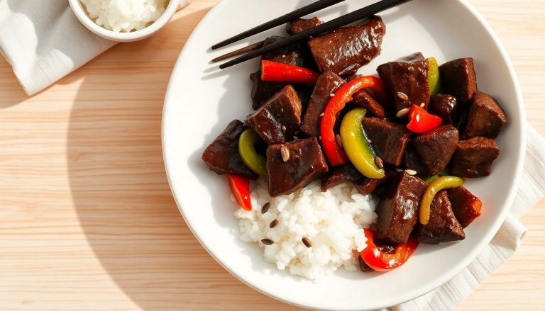 Viande de boeuf mariné au poivre avec des poivrons sur du riz