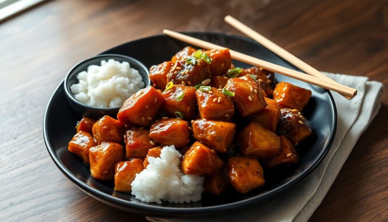 Poulet caramelisé et petits oignons sur du riz