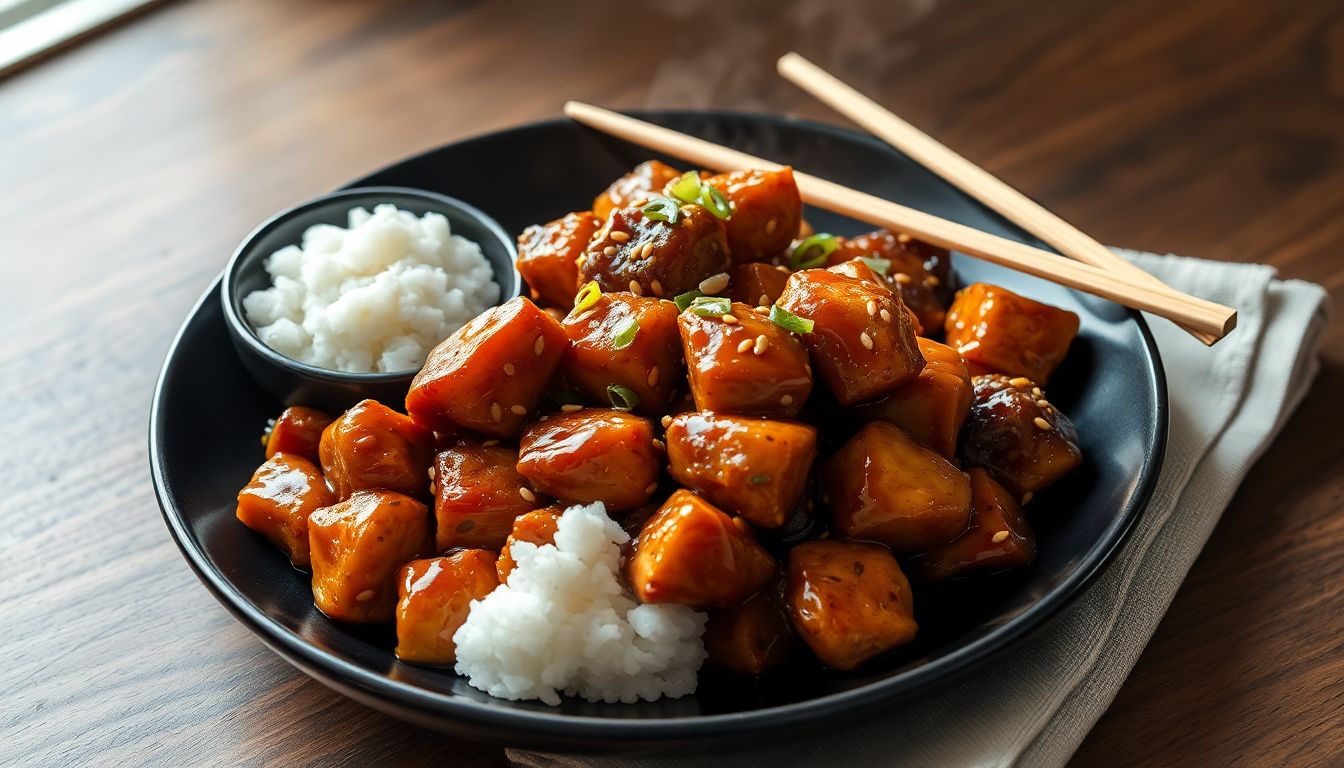 Poulet caramelisé et petits oignons sur du riz