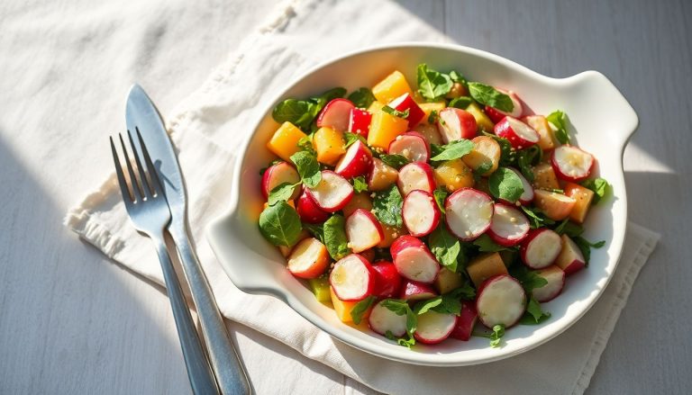 Photo en plongée d’une assiette en céramique blanche contenant une salade croquante de concombres finement tranchés et radis en lamelles, parsemée de feuilles de menthe et coriandre fraîches, le tout nappé d’une vinaigrette brillante au citron vert et gingembre. Des graines de sésame sont visibles sur le dessus.