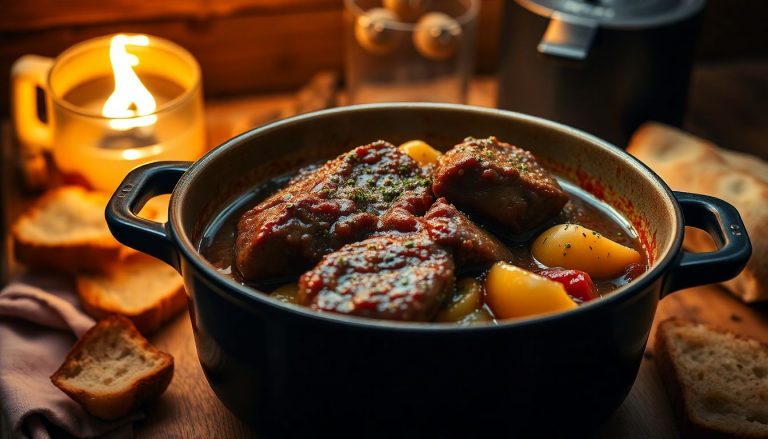 Carbonnade flamande traditionnelle dans une cocotte, viande fondante et sauce brune, plat emblématique de Marcq-en-Barœul