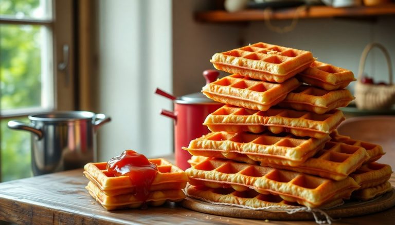 Gaufres moelleuses maison posées en pile sur un torchon, servies avec confiture, recette traditionnelle du Nord