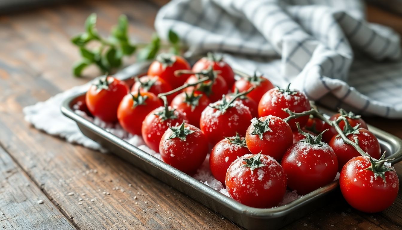 Tomates cerises surgelées sur une plaque, légèrement givrées, prêtes à être conservées