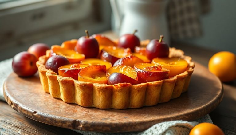 Tarte aux mirabelles dorées sur pâte brisée, spécialité de fin d’été faite maison