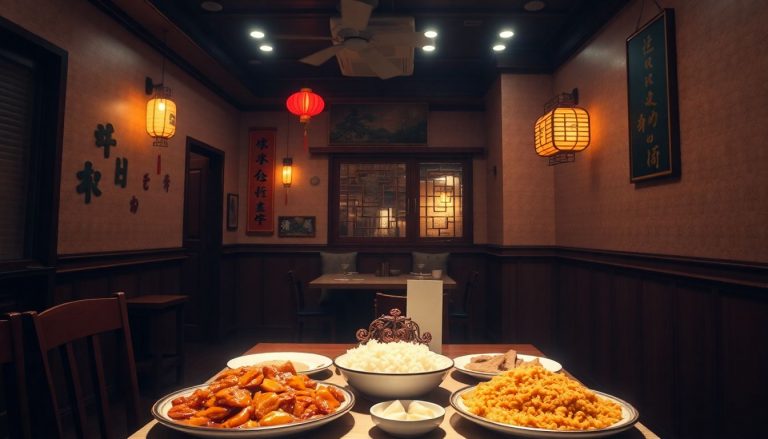 Intérieur d’un restaurant chinois traditionnel, avec table dressée et plats asiatiques servis