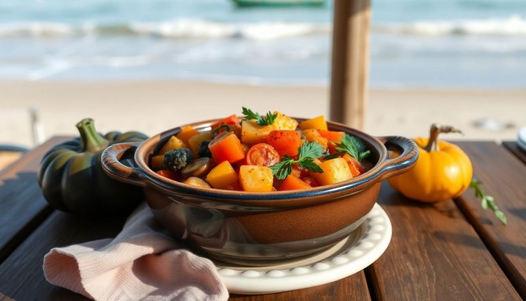Une ratatouille agrémentée de multiples légumes du soleil dans un grand bol en faience. Le tout posé sur une table en bois avec la plage en fond.