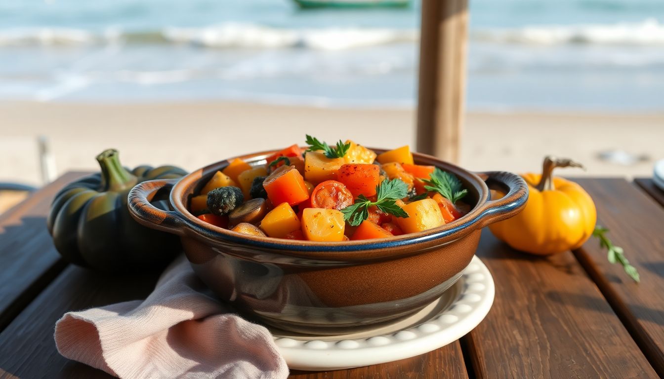 Une ratatouille agrémentée de multiples légumes du soleil dans un grand bol en faience. Le tout posé sur une table en bois avec la plage en fond.