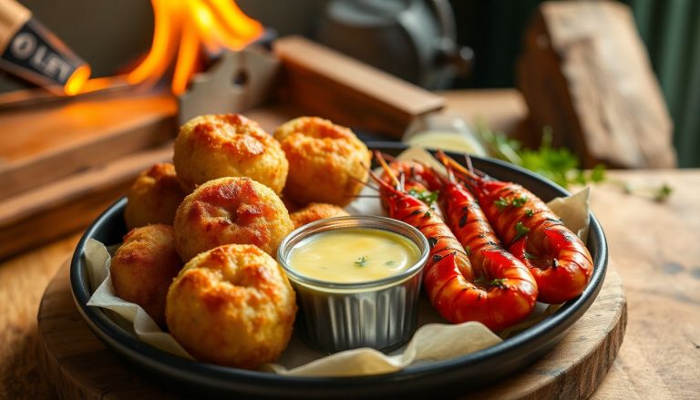 Vue de dessus d’une assiette estivale : beignets de courgettes dorés à la poêle, accompagnés de crevettes grillées sur pique en bois, sauce citronnée dans une coupelle, herbes fraîches éparpillées, fond bois naturel clair, lumière naturelle et ambiance conviviale.