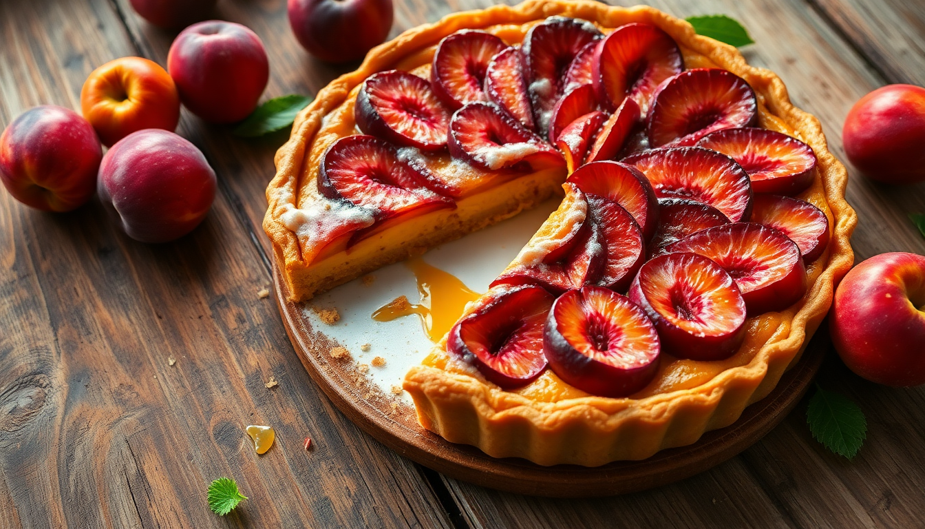 Tarte renversée aux pêches de vigne avec un aspect caramélisé et une présentation appétissante
