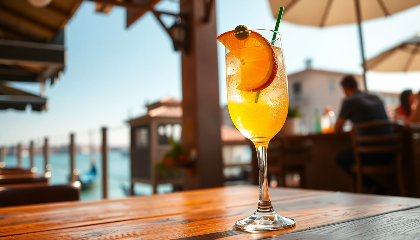 Un verre de Spritz, cocktail italien rafraîchissant, dans un bar ensoleillé de Venise, avec une ambiance estivale et conviviale
