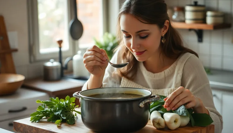 Des verts de poireaux frais disposés à côté d'une casserole de bouillon parfumé.