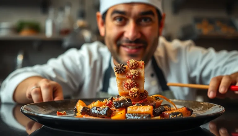 Une assiette de plat fini avec un ingrédient mystérieux ajouté, le tout présenté de manière alléchante.
