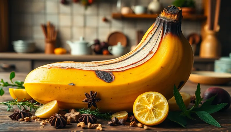Peau de banane sur une planche à découper avec des épices