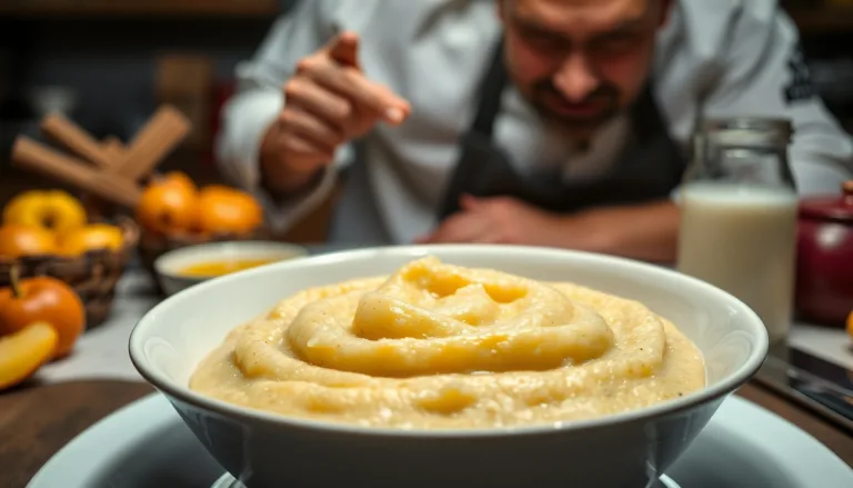 Une main versant délicatement une cuillère de purée onctueuse dans une assiette, avec une texture lisse et aérienne.