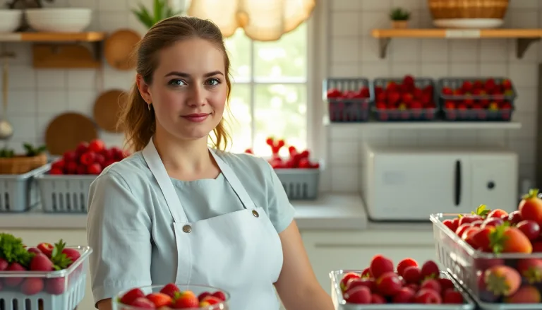 Fruits rouges frais sous une chaleur intense, avec une personne inquiète.