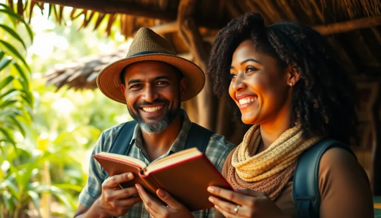 Un couple souriant partageant un plat exotique devant un paysage tanzanien.
