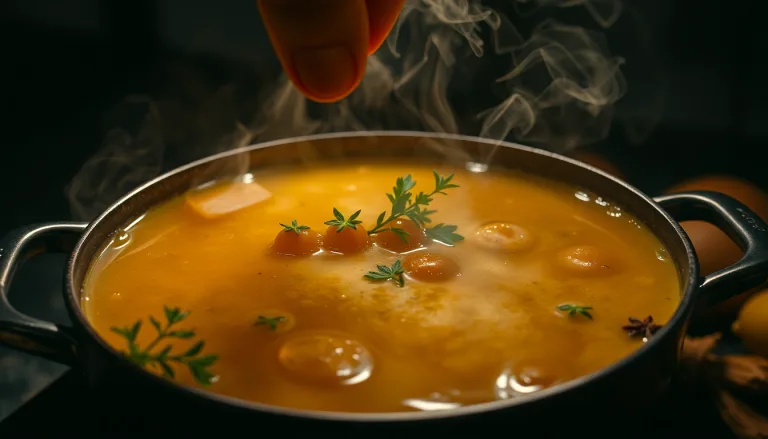 Un bouillon fumant dans une casserole, avec des ingrédients frais disposés autour et un symbole 'X' sur des erreurs courantes.