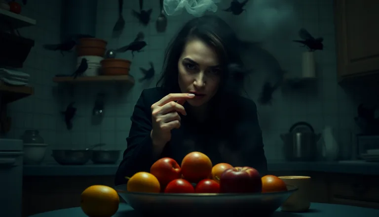 Une cuisine envahie par de petits moucherons, avec une expression de détresse.