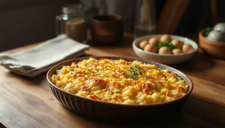 Un gratin de riz crémeux et doré sortant du four, prêt à être dégusté.