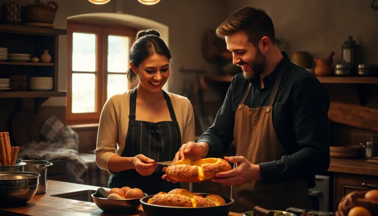 Couple souriant tenant un pain artisanal tout juste sorti du four, l'air satisfait.