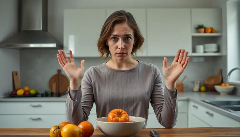 Une cuisine envahie par de petits moucherons, avec une personne désespérée.