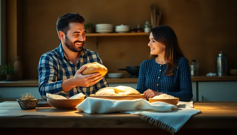Couple souriant tenant un pain artisanal fraîchement cuit, le partageant avec joie.