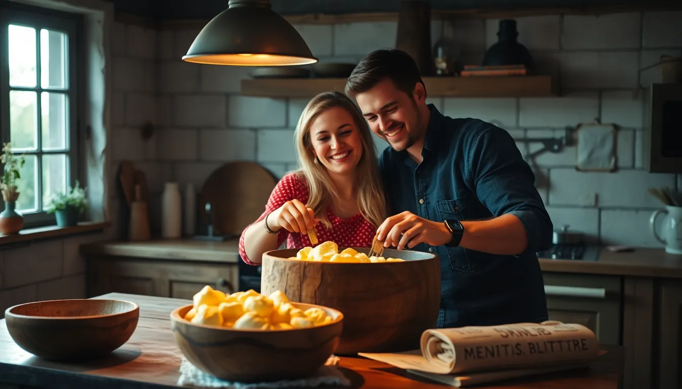 Couple souriant tenant une miche de pain fraîchement sortie du four
