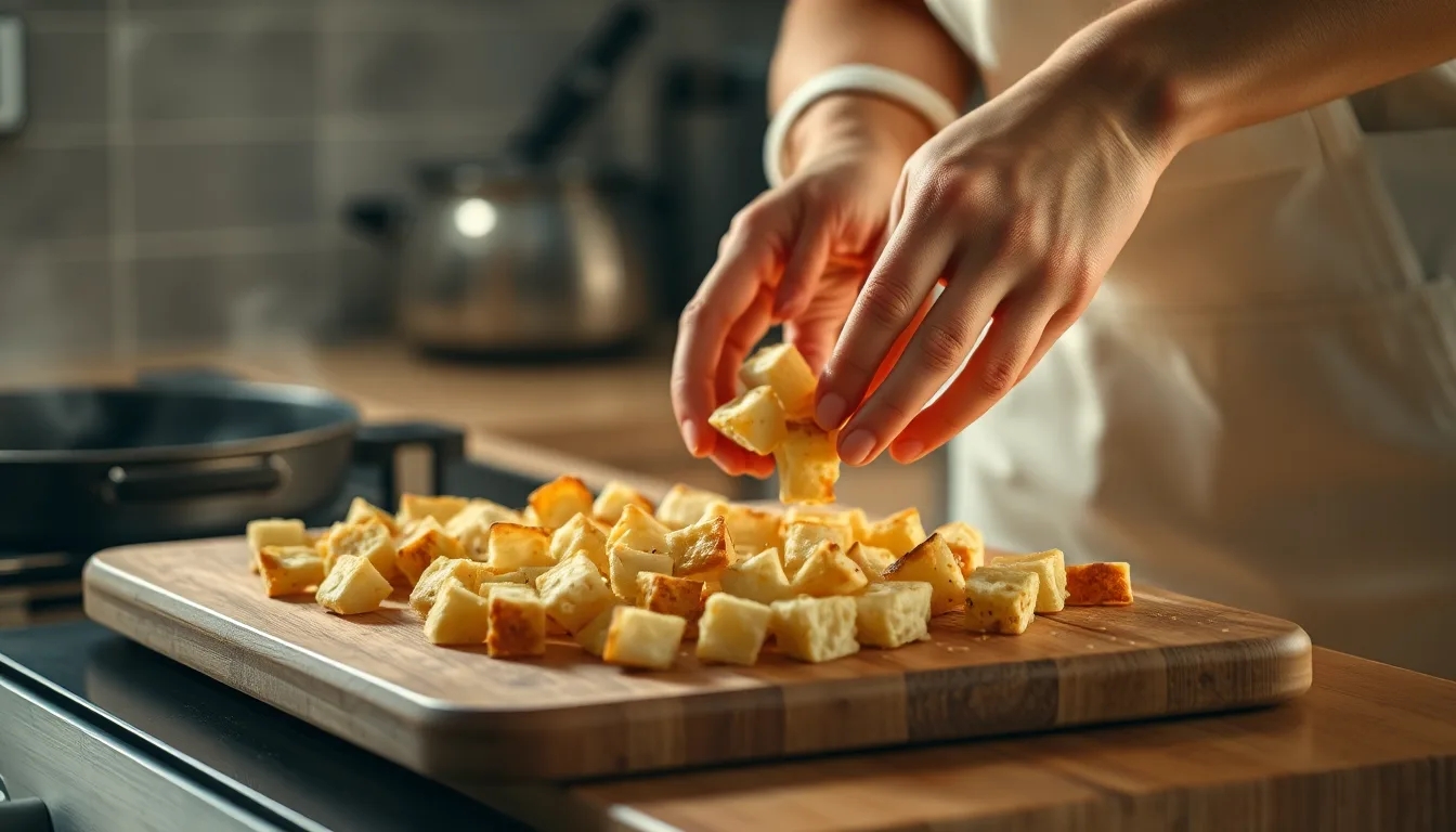 Tranches de pain rassis transformées en pain perdu doré et appétissant.