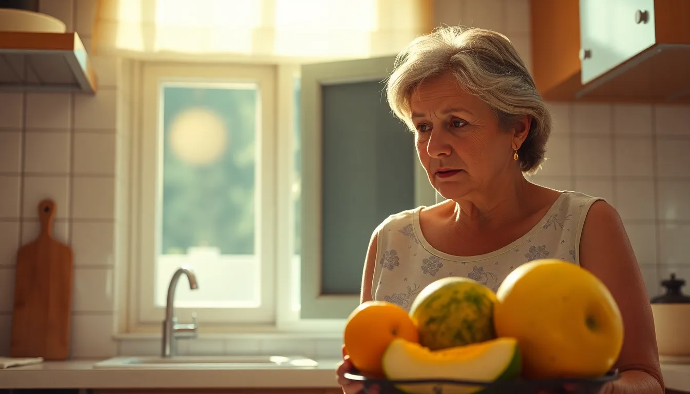 Fruits abîmés par la chaleur, avec une personne perplexe devant son panier.