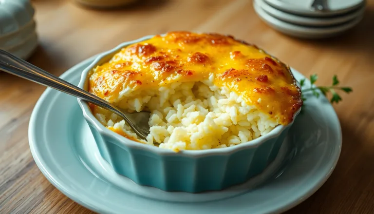 Un gratin de riz crémeux et doré sortant du four
