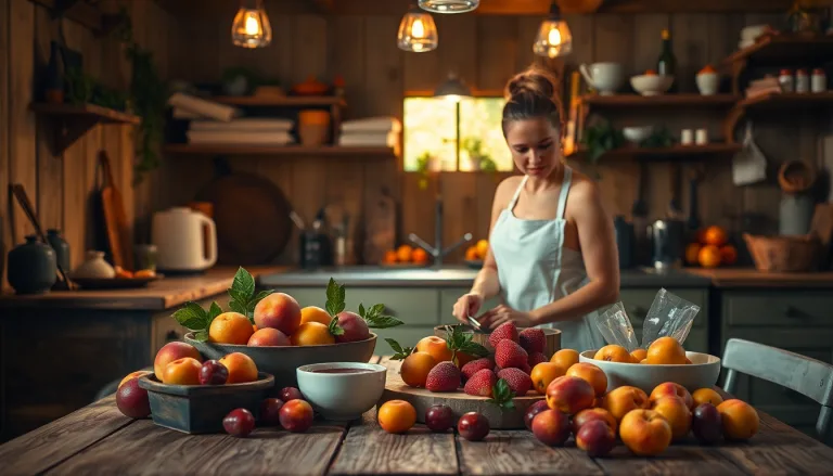 Femme perplexe devant un panier de fruits mûrs sous la chaleur.
