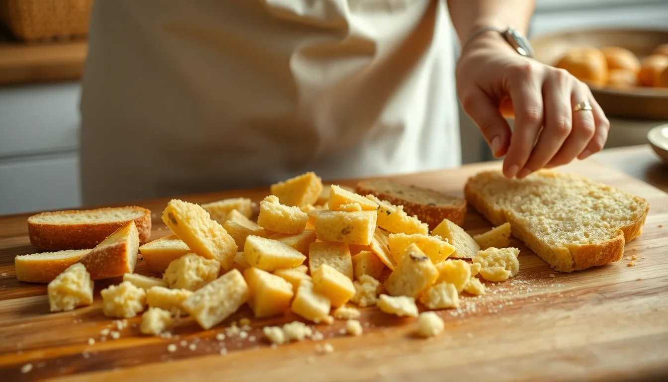 Des morceaux de pain transformés en une gourmandise croustillante.