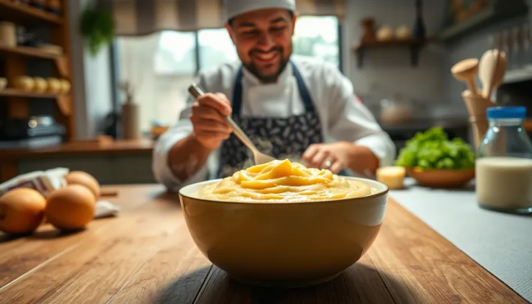 Une purée de pommes de terre lisse et crémeuse dans une assiette, avec une touche de beurre.