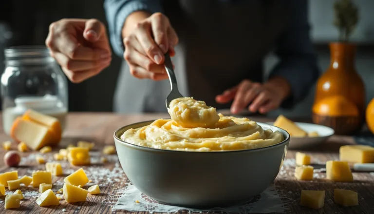 Une cuillère creusant dans une purée de pommes de terre d'une onctuosité parfaite.