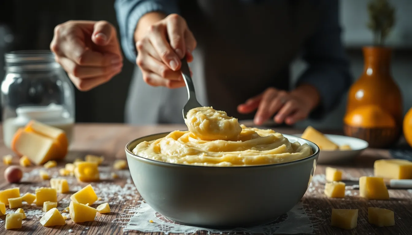 Une cuillère creusant dans une purée de pommes de terre d'une onctuosité parfaite.