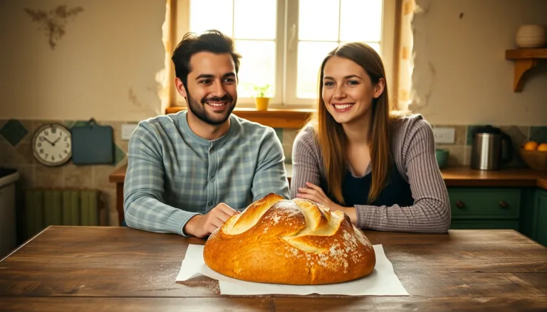Couple souriant avec un pain artisanal fraîchement sorti du four.