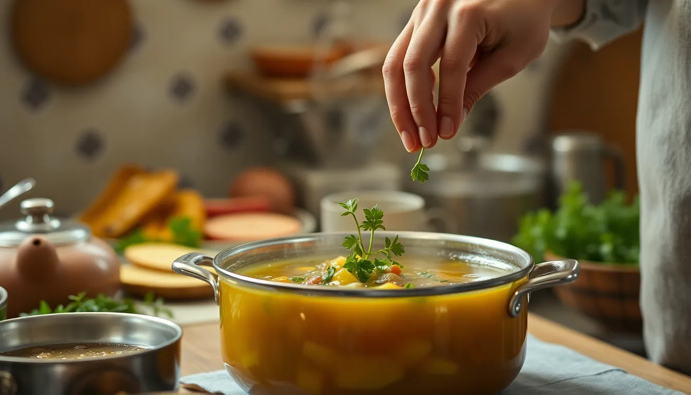 Un bouillon maison fumant dans une casserole avec des aromates.