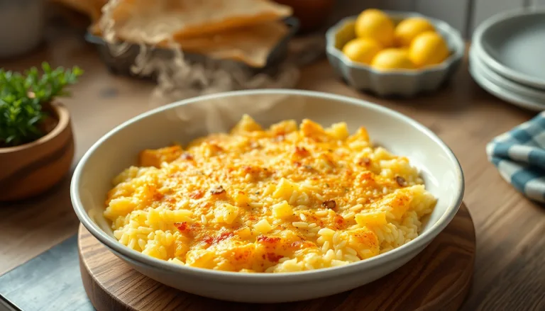 Gratin de riz crémeux sortant du four, avec une croûte dorée.