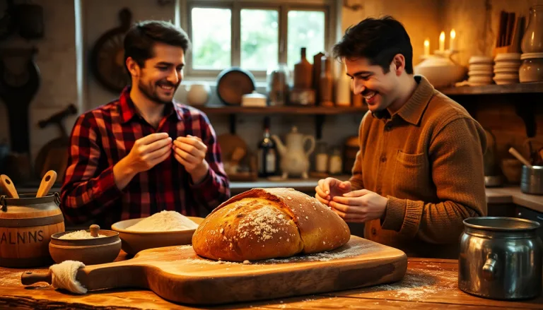 Couple souriant avec un pain artisanal fraîchement sorti du four