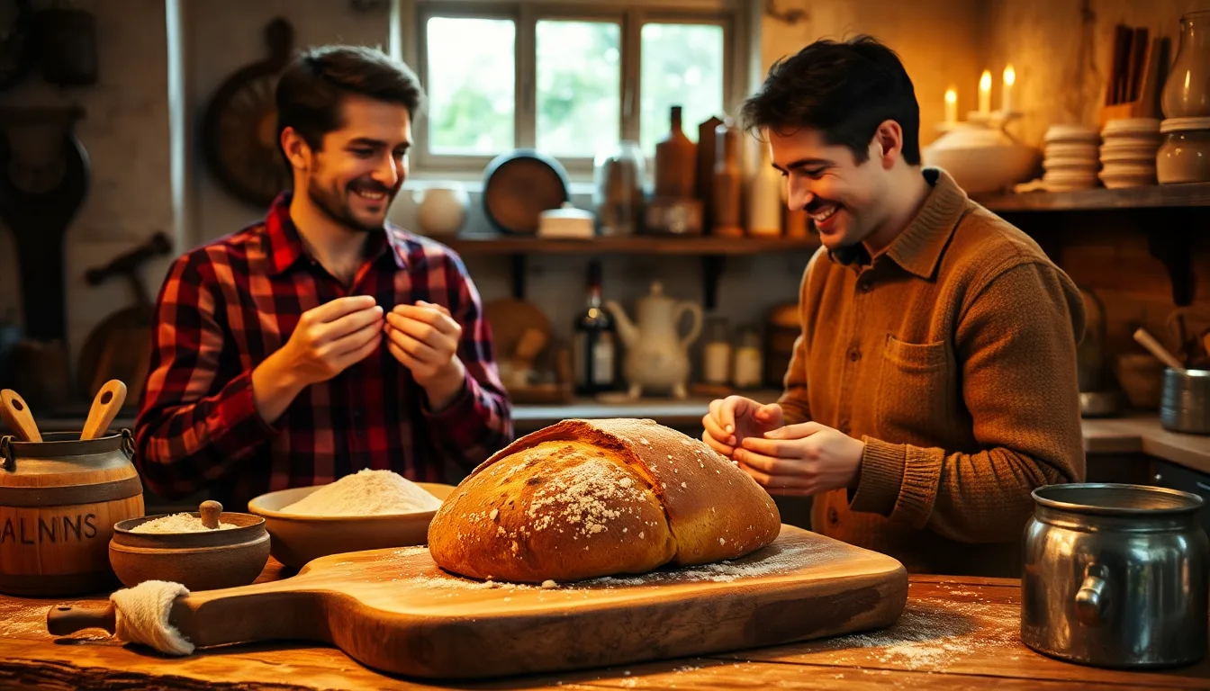 Couple souriant avec un pain artisanal fraîchement sorti du four