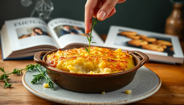 Bol fumant de gratin de riz crémeux préparé avec des restes.