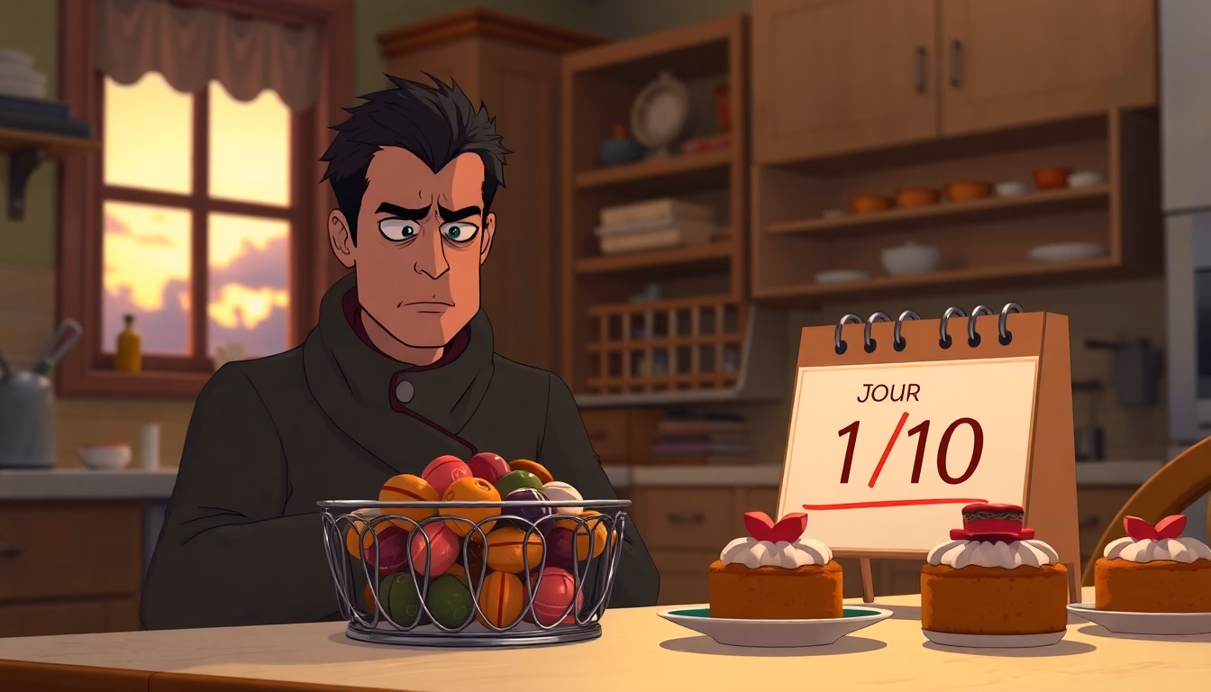 Une personne regardant tristement un gâteau, avec un calendrier barré de 10 jours à côté.