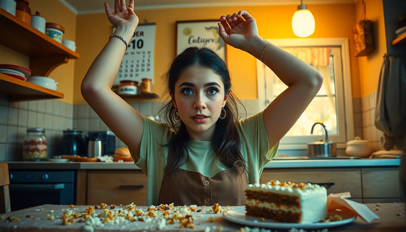 Une personne regardant une pâtisserie avec une expression de regret et de surprise