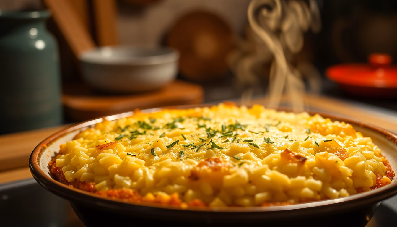 Un gratin de riz crémeux et doré sortant du four