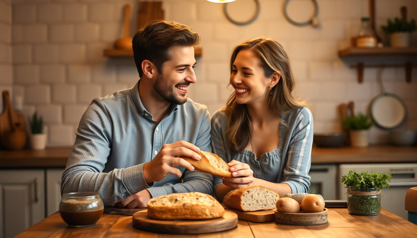 Couple souriant devant une miche de pain artisanal