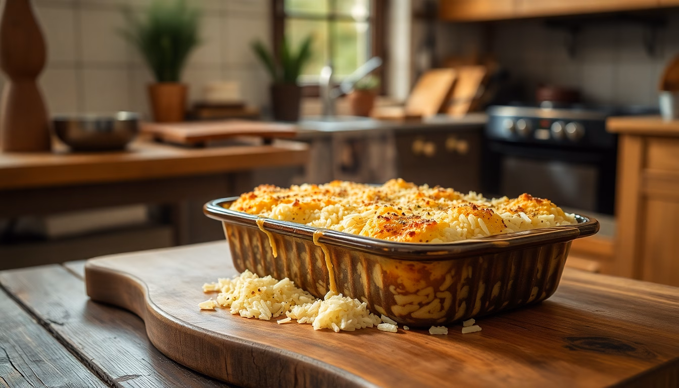 Un gratin de riz crémeux et doré sortant du four.