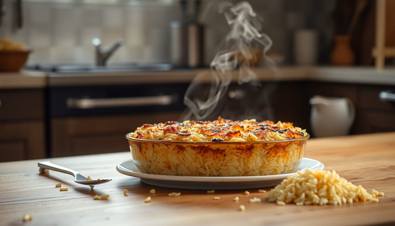 Gratin de riz crémeux sortant du four