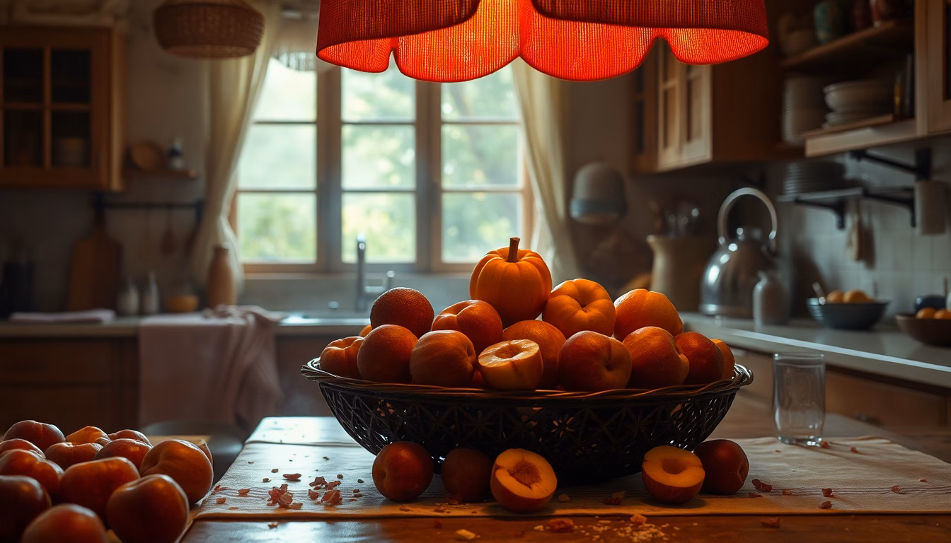 Une variété de fruits mûrs sous un soleil intense, avec des gouttes de sueur sur une pastèque.