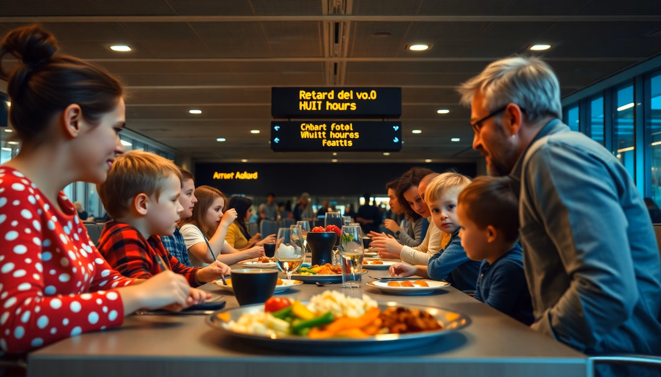 Une famille attendant dans un aéroport avec des enfants visiblement ennuyés